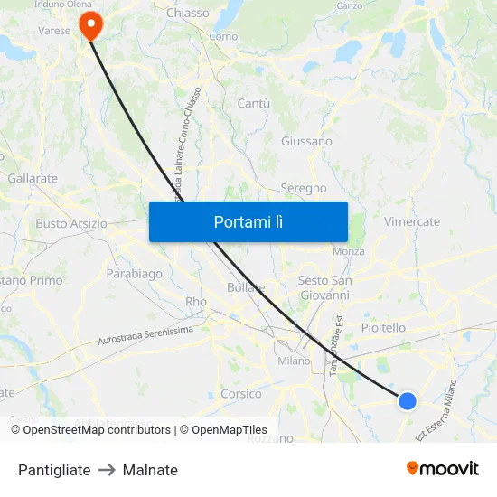 Pantigliate to Malnate map