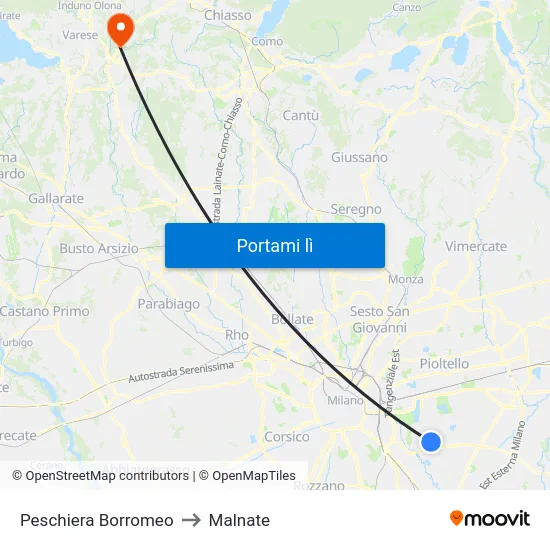Peschiera Borromeo to Malnate map