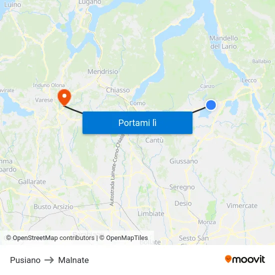 Pusiano to Malnate map