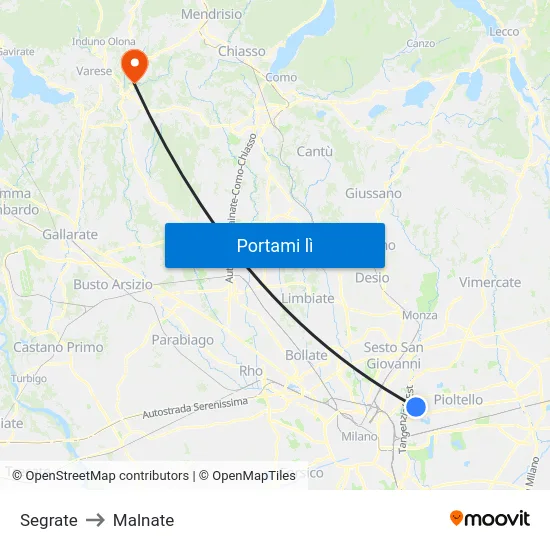 Segrate to Malnate map