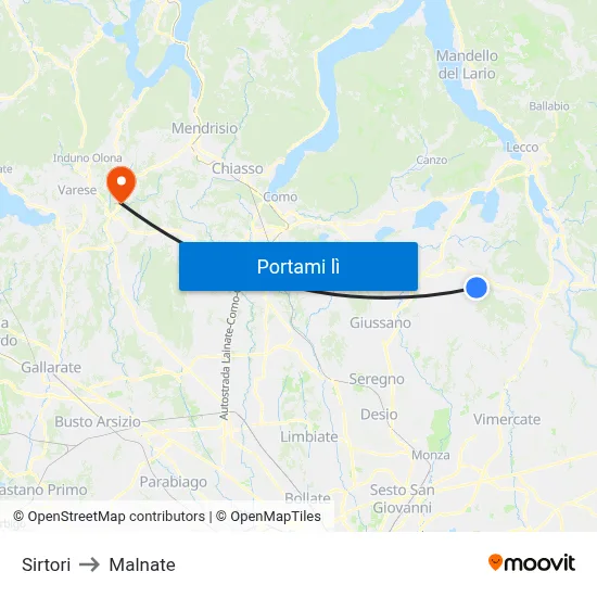 Sirtori to Malnate map