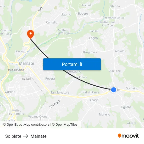 Solbiate to Malnate map