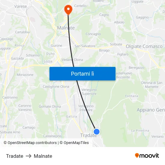 Tradate to Malnate map