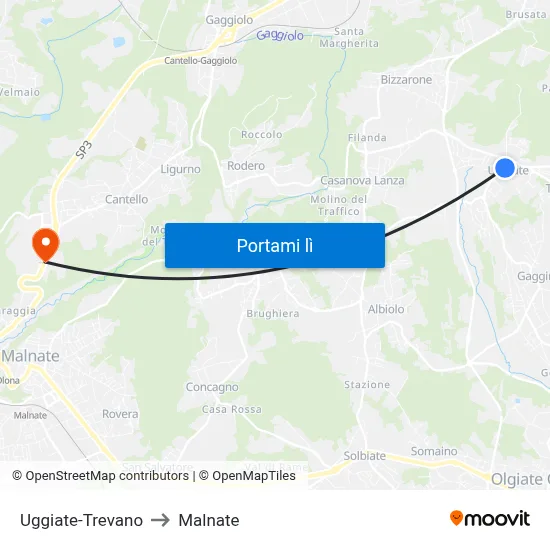 Uggiate-Trevano to Malnate map