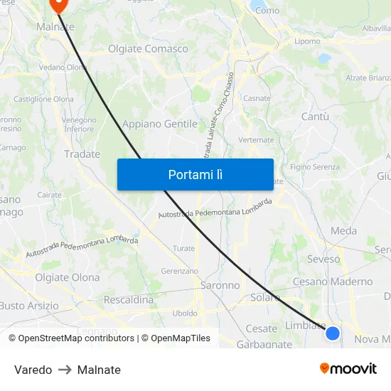 Varedo to Malnate map