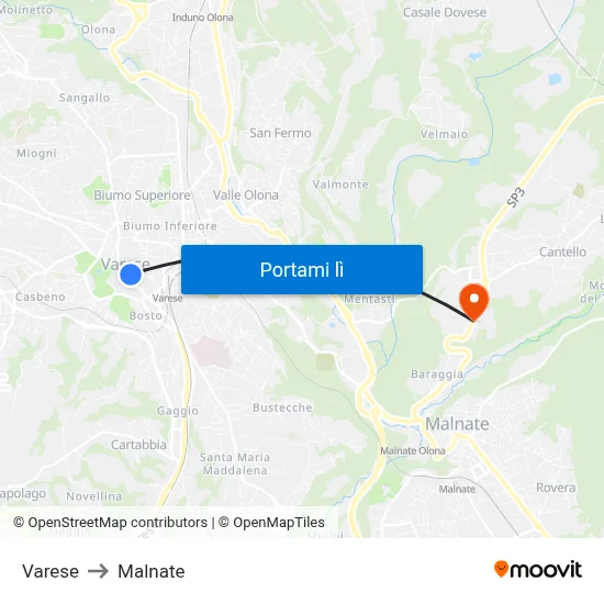 Varese to Malnate map