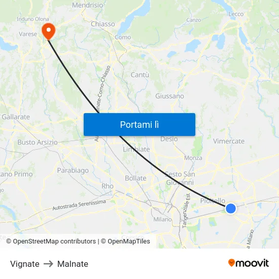 Vignate to Malnate map