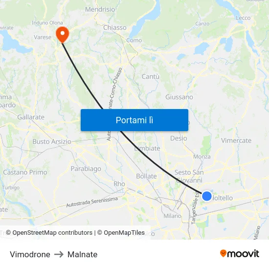 Vimodrone to Malnate map