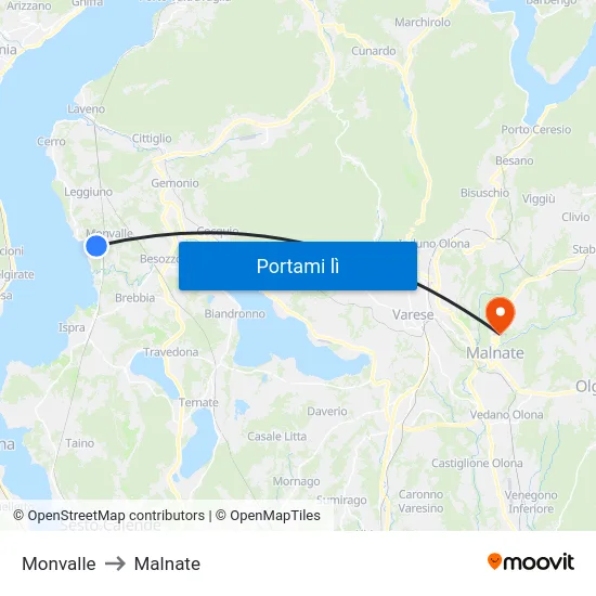 Monvalle to Malnate map