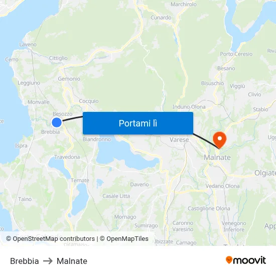 Brebbia to Malnate map