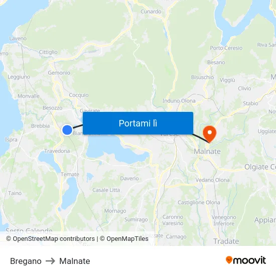 Bregano to Malnate map