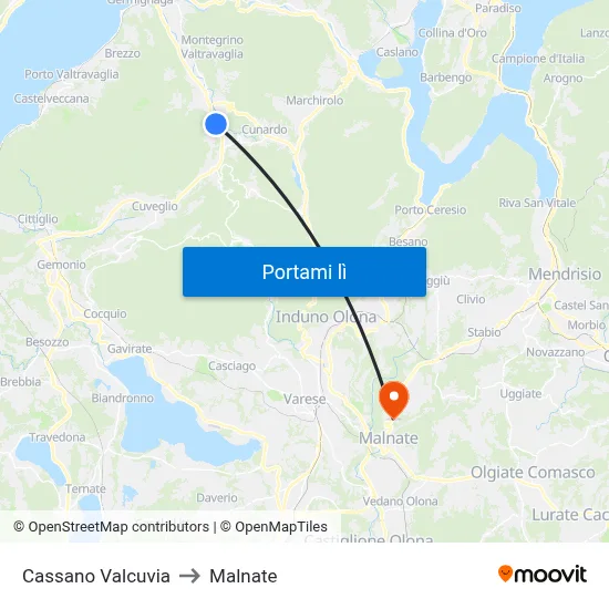 Cassano Valcuvia to Malnate map