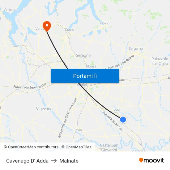 Cavenago D' Adda to Malnate map