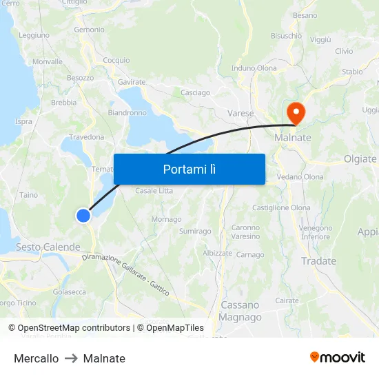 Mercallo to Malnate map