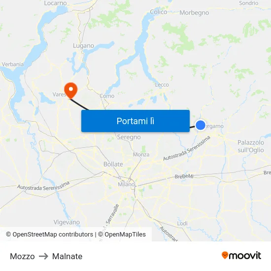 Mozzo to Malnate map