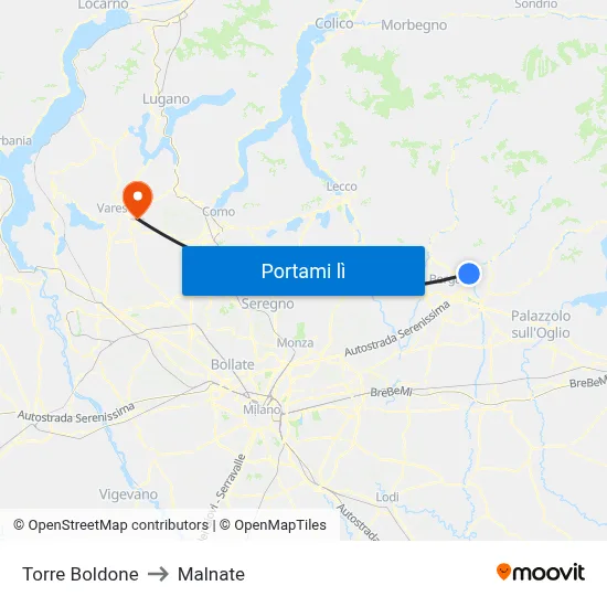 Torre Boldone to Malnate map