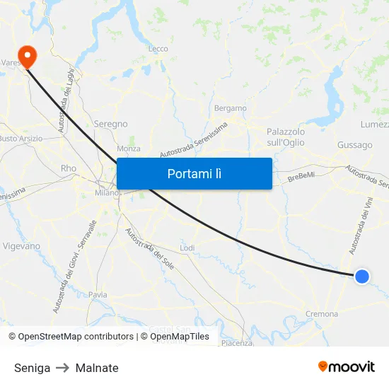 Seniga to Malnate map