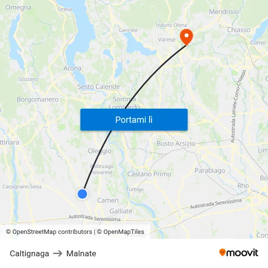 Caltignaga to Malnate map