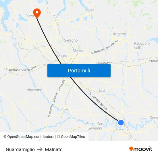 Guardamiglio to Malnate map