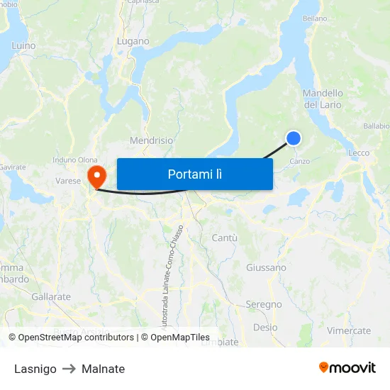 Lasnigo to Malnate map