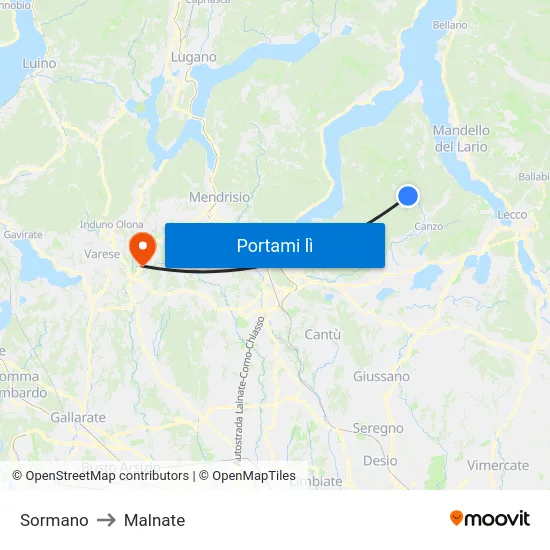 Sormano to Malnate map