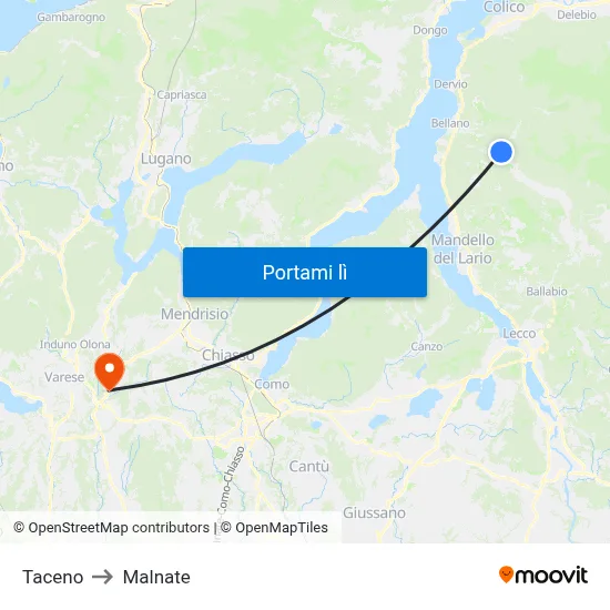 Taceno to Malnate map