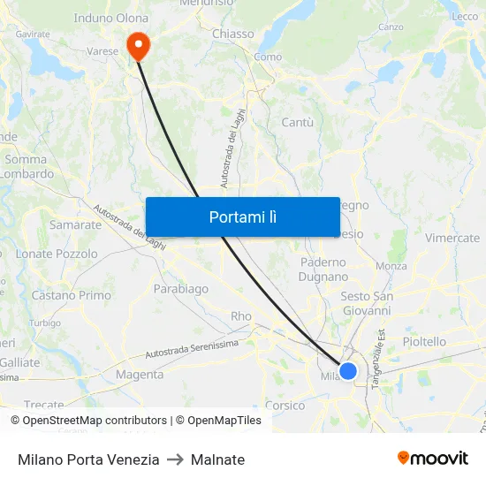 Milano Porta Venezia to Malnate map