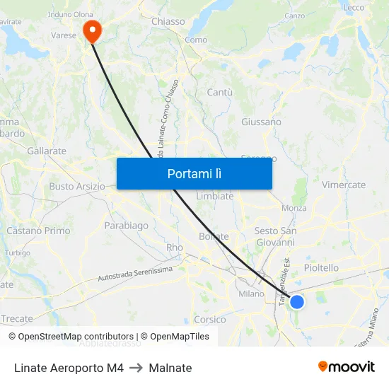 Linate Aeroporto M4 to Malnate map