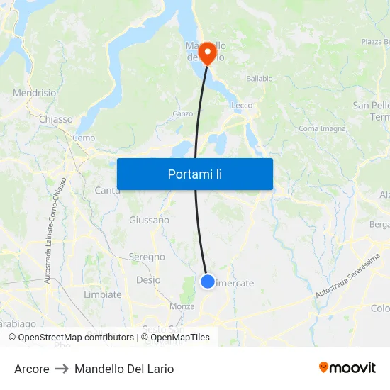 Arcore to Mandello Del Lario map