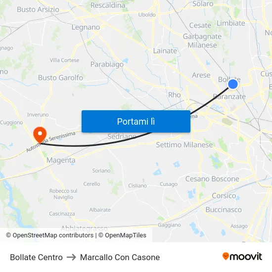 Bollate Centro to Marcallo Con Casone map