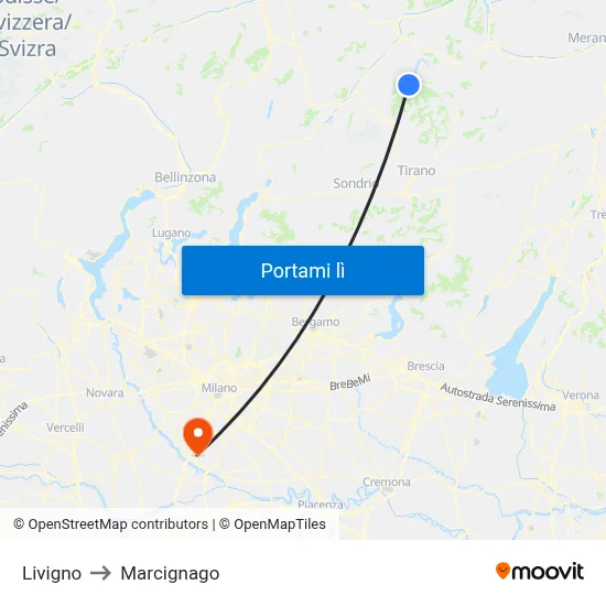 Livigno to Marcignago map