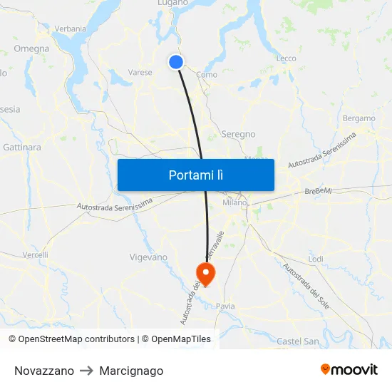 Novazzano to Marcignago map
