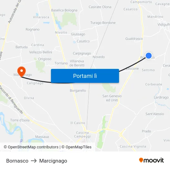 Bornasco to Marcignago map