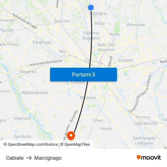 Cabiate to Marcignago map