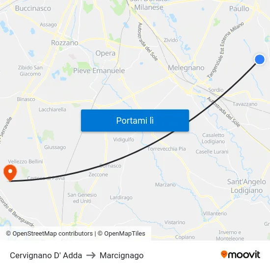 Cervignano D' Adda to Marcignago map