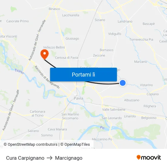 Cura Carpignano to Marcignago map