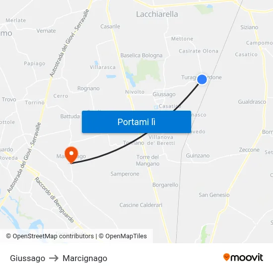 Giussago to Marcignago map