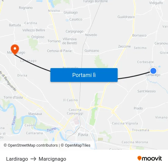 Lardirago to Marcignago map