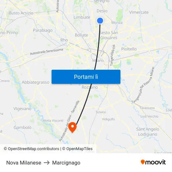 Nova Milanese to Marcignago map