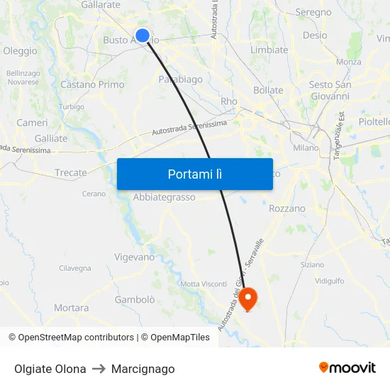 Olgiate Olona to Marcignago map