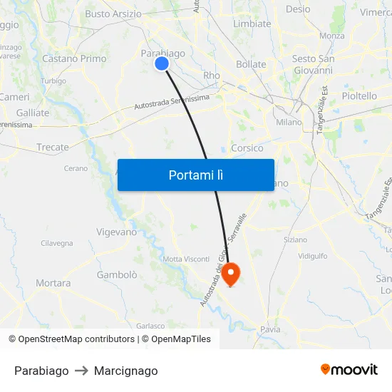 Parabiago to Marcignago map