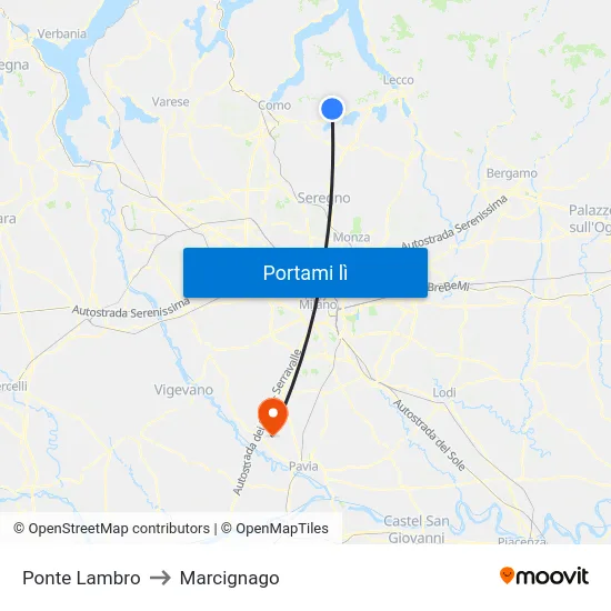 Ponte Lambro to Marcignago map