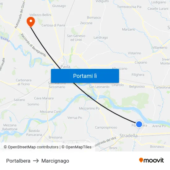 Portalbera to Marcignago map