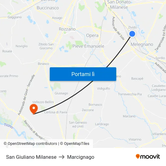 San Giuliano Milanese to Marcignago map