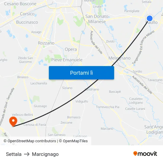 Settala to Marcignago map