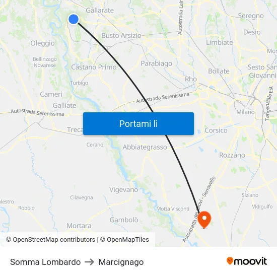 Somma Lombardo to Marcignago map