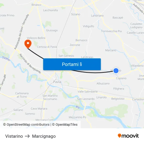 Vistarino to Marcignago map