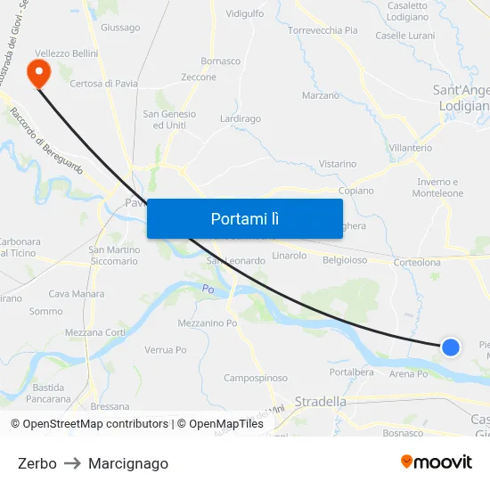 Zerbo to Marcignago map