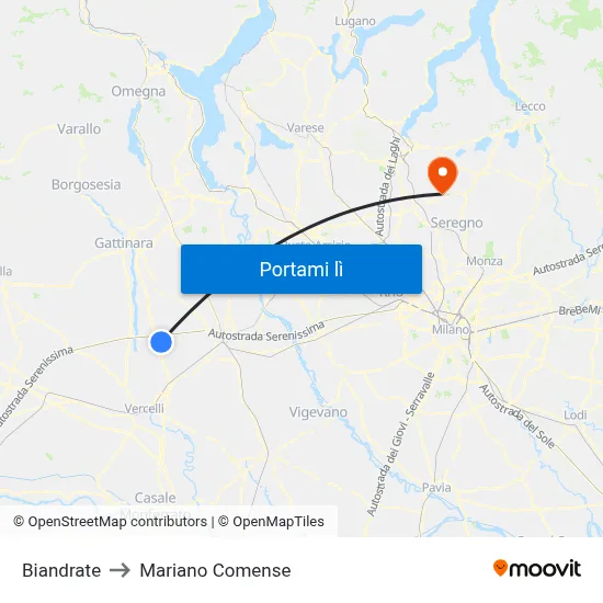 Biandrate to Mariano Comense map