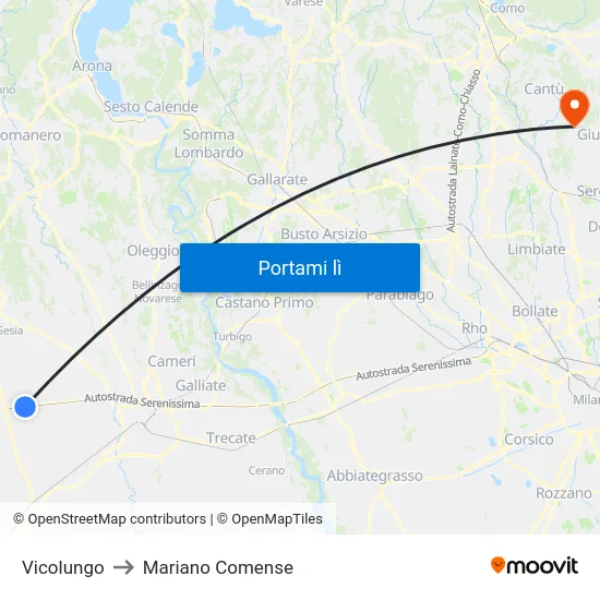 Vicolungo to Mariano Comense map